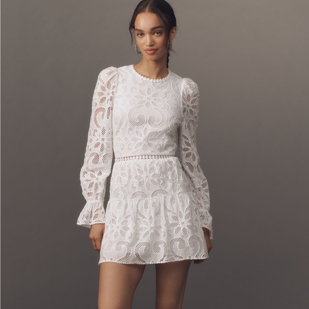 Anthropologie 2X Saylor Marilla Long-Sleeve Eyelet Lace Mini Plus Dress NWT